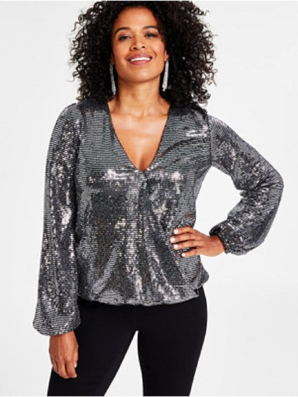 NWT I.N.C Sequin Metallic Surplice Faux Wrap Long Sleeve Top 2X